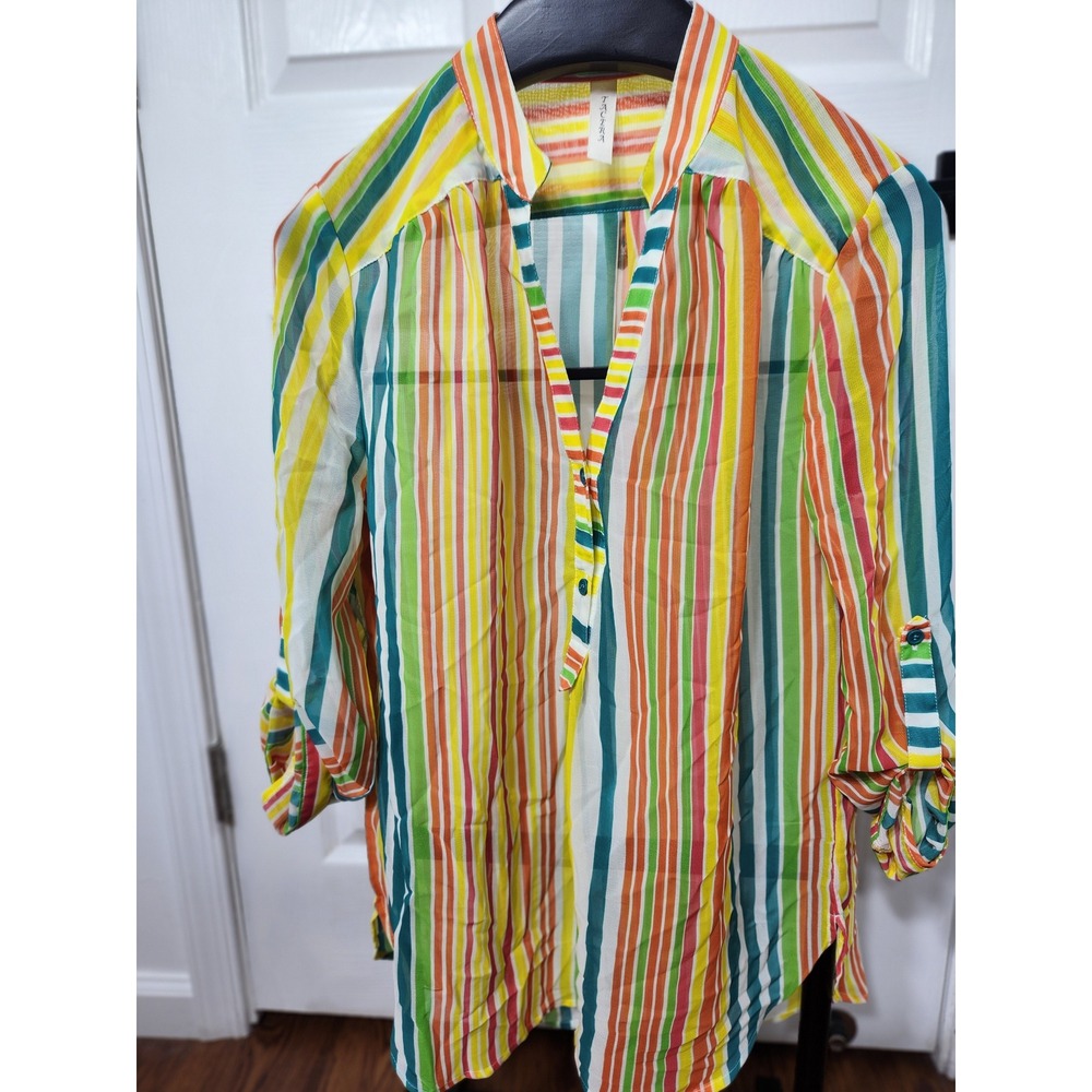 Tacera Women Multi Color Striped Roll Tab Sleeve Blouse M 4162